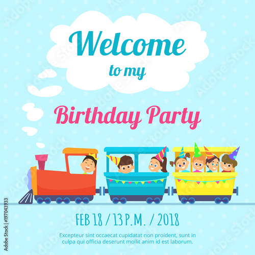 Design template of poster for kids party invitation. Illustration of train toys