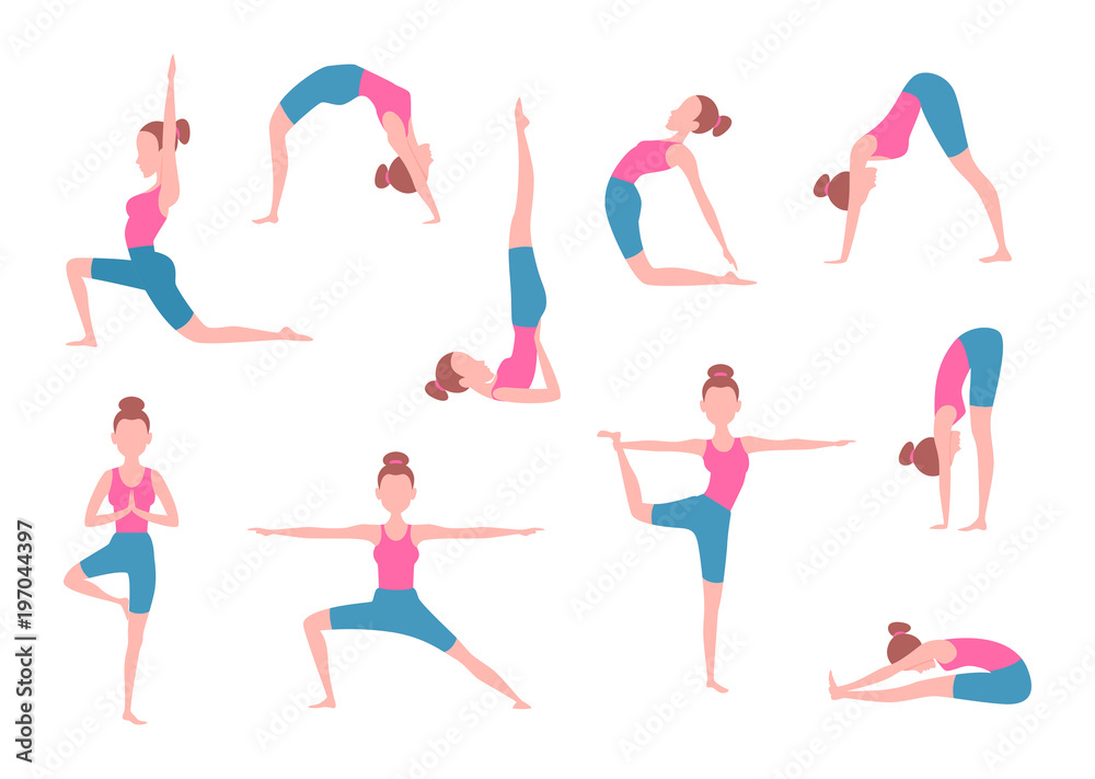 Female making yoga exercises in different poses