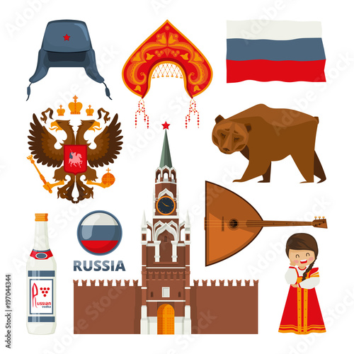 Set of different traditional national symbols of russia moscow