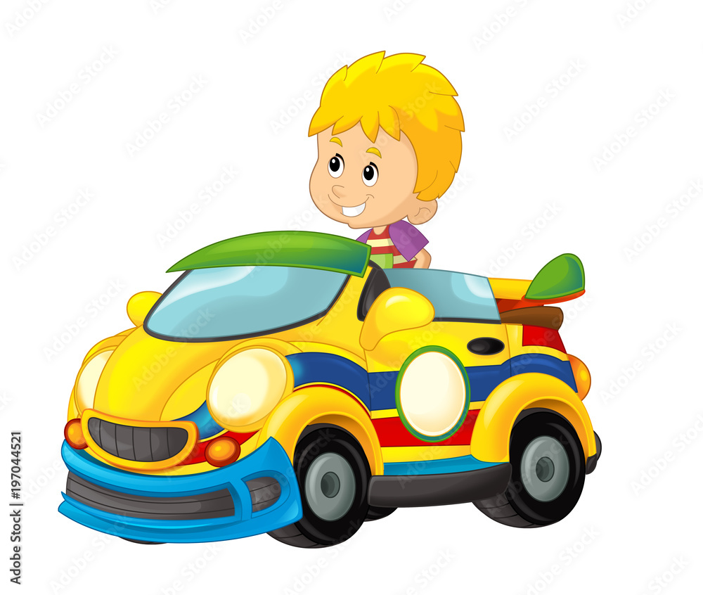 cartoon scene with child in toy sports car on white background - illustration for children cartoon scene with child in toy sports car on white background - illustration for children