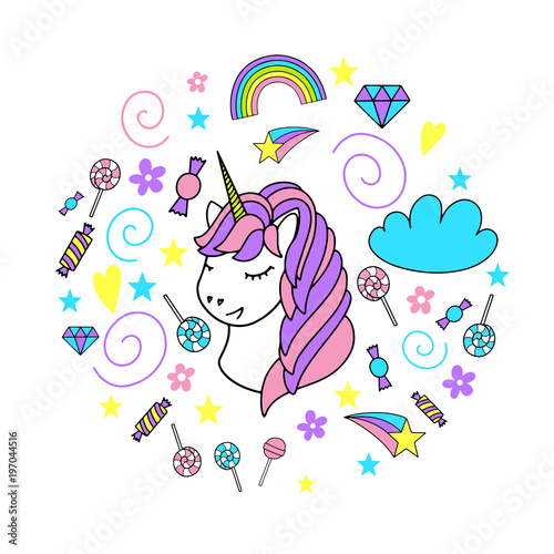 Unicorn cute vector illustration set. Card and shirt design.