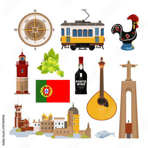 Historical symbols of Portugal Lissabon. Vector icon set in flat style