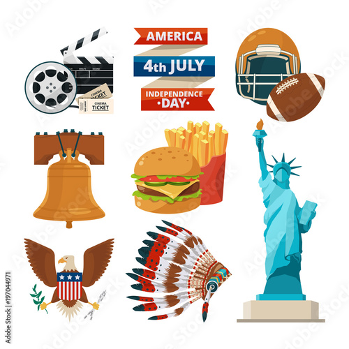 Culture objects of americans usa. Vector illustrations in cartoon style