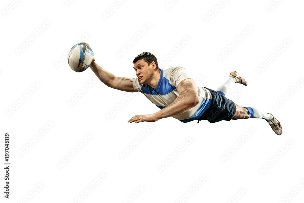 The silhouette of one caucasian rugby man player isolated on white background - obrazy, fototapety, plakaty 