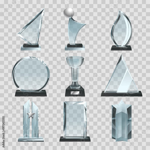Glossy transparent trophies, awards and winner cups. Vector illustrations