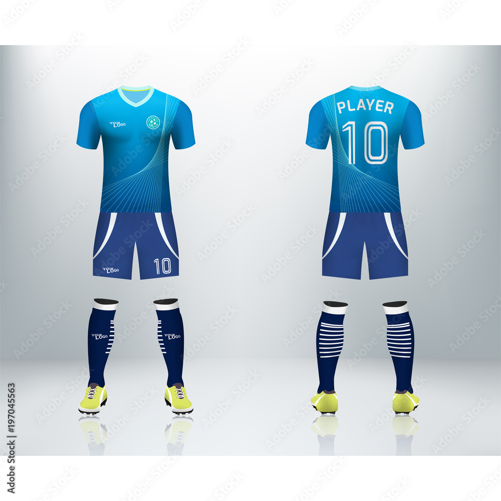 3D realistic mock up of front and back of soccer jersey shirt. Concept for  soccer team uniform or football apparel mockup. Blue soccer kit t-shirt  template design in vector illustration. Stock Vector