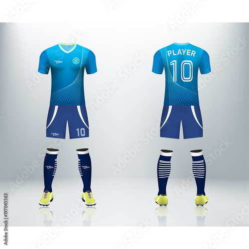 3D realistic mock up of front and back of soccer jersey shirt. Concept for soccer team uniform or football apparel mockup. Blue soccer kit t-shirt template design in vector illustration.