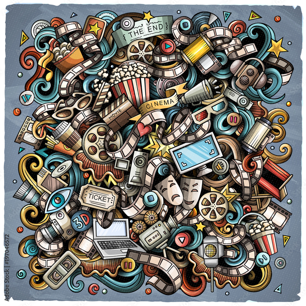 Fototapeta premium Cartoon vector doodles Cinema illustration