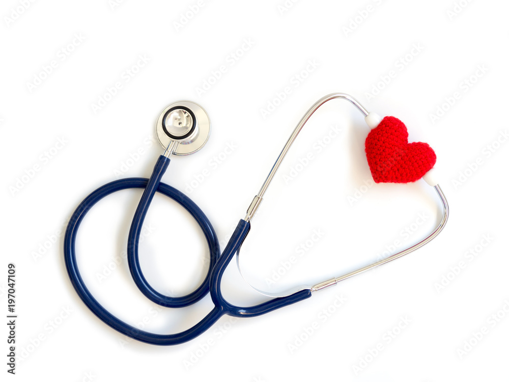 red heart using deep blue stethoscope on the white background (Isolated background). Concept of love and caring patient by the heart. Copy space for the text and contents red heart using deep blue stethoscope on the white background (Isolated background). Concept of love and caring patient by the heart. Copy space for the text and contents