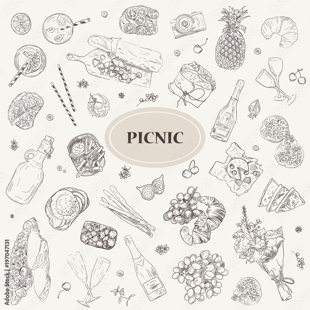 Picnic icon set vector illustration Hand drawn sketchy romantic elements Summer Food Drinks Wine. Seamless background