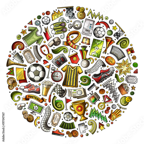 Set of vector cartoon doodle Football objects collected in a circle