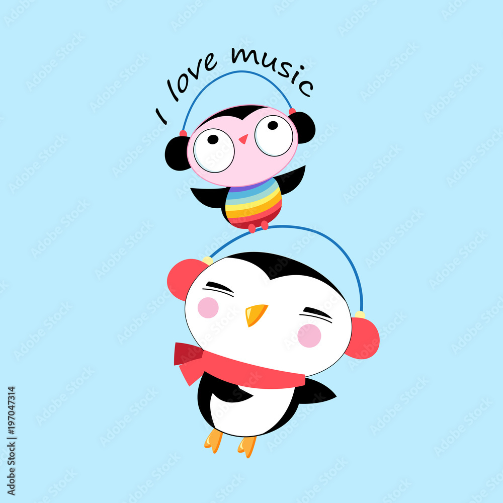 Vector cartoon cheerful penguin and owl Vector cartoon cheerful penguin and owl