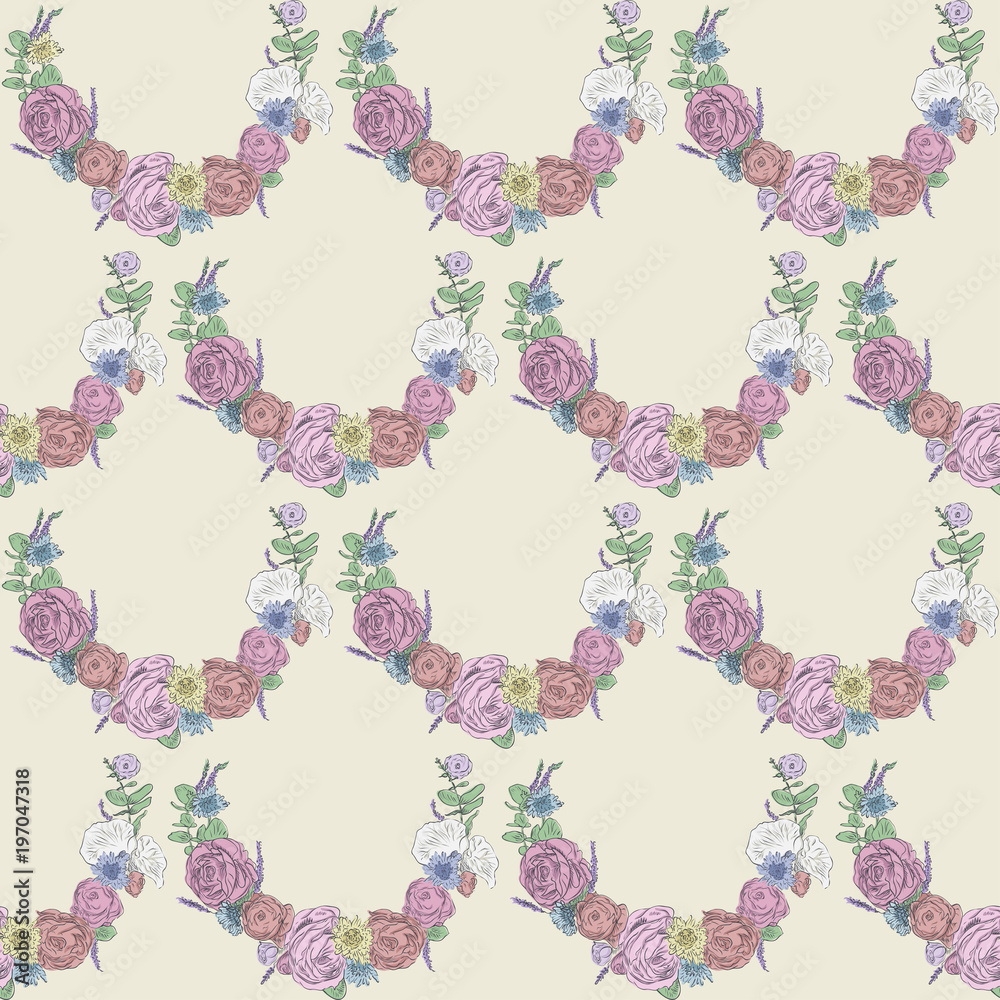 Seamless floral pattern. Hand drawn illustration for fabric, wrapping, prints, cards, wedding design in vintage style