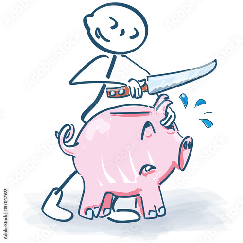 Strichmännchen schlachtet ein  Sparschwein mit einem Messer