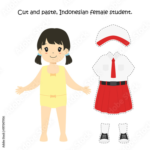 cut and paste Indonesian female student uniform. printable cut and paste worksheet for kids, cartoon vector