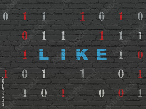 Social network concept: Painted blue text Like on Black Brick wall background with Binary Code