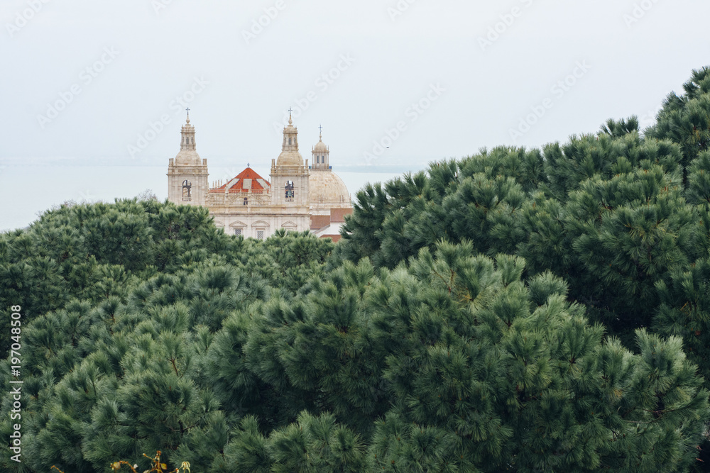 View of Jeronimos monastery from Saint Geroge castle. Lisbon, Portugal.