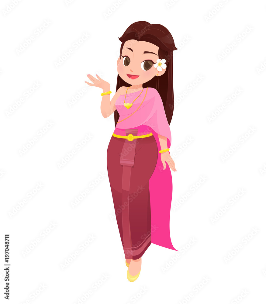 illustration thai women in thai traditional dress, Traditional southeast  asian costume, Vector cartoon Stock Vector | Adobe Stock