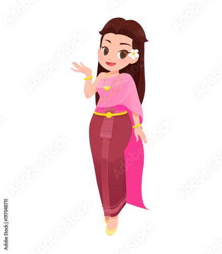 illustration thai women in thai traditional dress, Traditional southeast asian costume, Vector cartoon