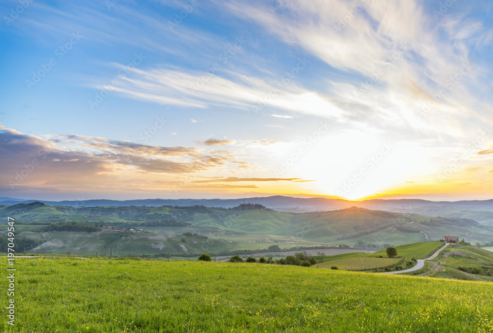 Morning light on a meadow in a rural Italian landscape