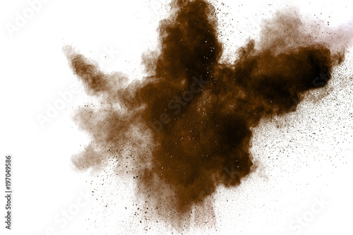 Freeze motion of brown dust explosion. Stopping the movement of brown powder. Explosive brown powder on white background. Dry soil splater on white background. photo