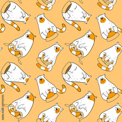 Seamless pattern with cats in red and white colours