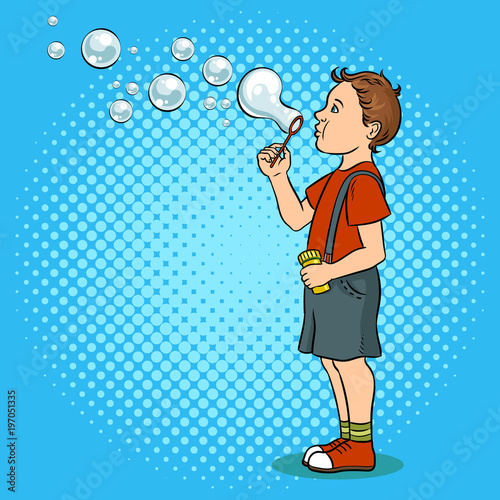 Child blowing bubbles pop art vector illustration