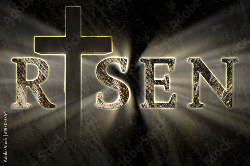 Easter background with Jesus Christ cross and risen text written, engraved, carved on stone, with light coming from behind. Christian, religious Easter card. resurrection, belief, new life concept 
