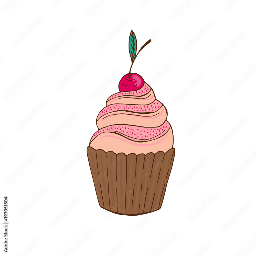 Cupcake with cherry. Vector doodle badge. Sweet vector print. Cartoon sticker in trendy style Cupcake with cherry. Vector doodle badge. Sweet vector print. Cartoon sticker in trendy style