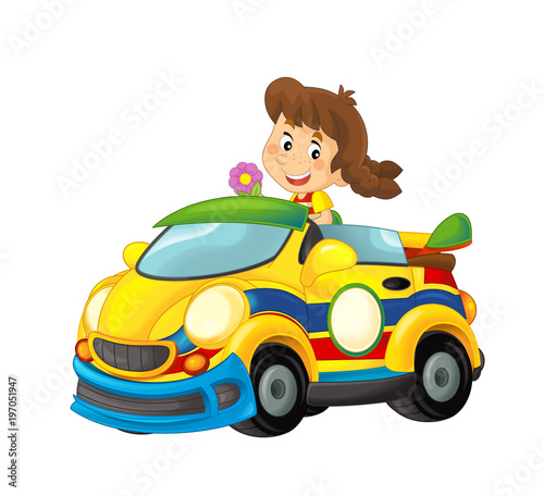 Cartoon scene with girl in sports car smiling and looking - illustration for children