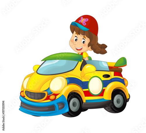 Cartoon scene with girl in sports car smiling and looking - illustration for children