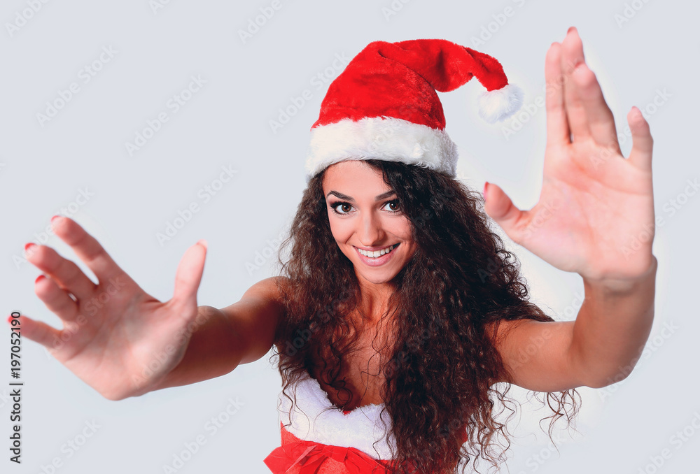 Young christmas woman show white background Young christmas woman show white background