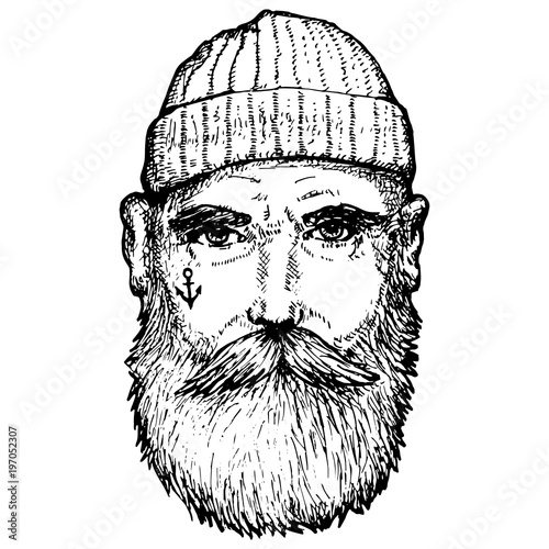 Hand Drawn vintage hipster sailor with thick beard