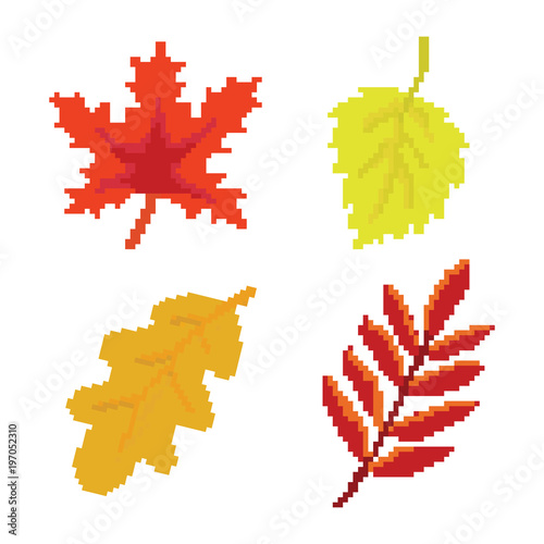 Pixel autumn leaves icons high vector set