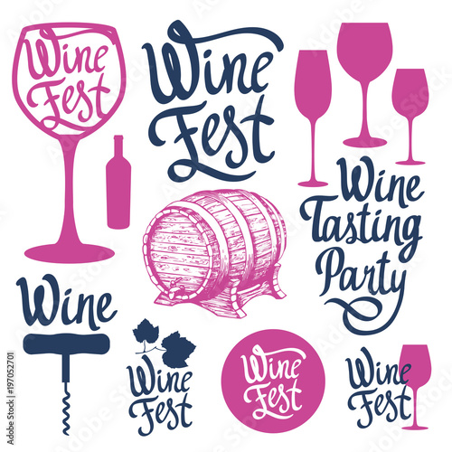 Vector illustration with labels, bottle, glass, corkscrew, cask in sketch style. Alcoholic beverages set. Wine festival. Brush calligraphy illustrations for your design. Handwritten ink lettering.