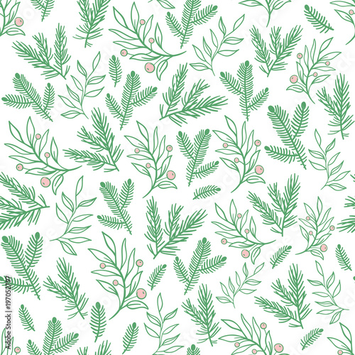 Christmas holiday pattern. Vector illustration. Gentle seamless green  white background of branches  berries and leaves.