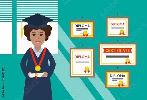 african american graduate girl near wall with hanging diplomas