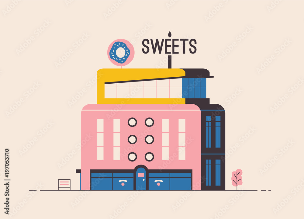 Sweets shop building. Flat vector illustration. Outdoor facade