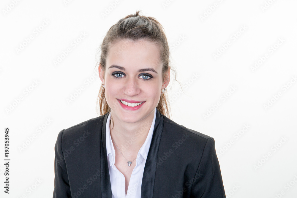 Portrait of young smiling businesswoman standing isolated on white background Portrait of young smiling businesswoman standing isolated on white background