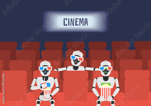 robots humanid watching movie in cinema theater with 3d glasses
