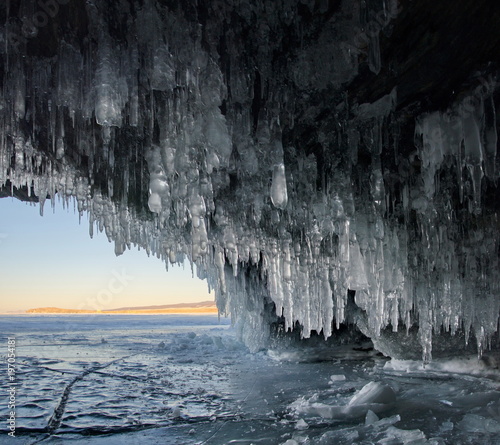 Russia. Eastern Siberia, lake Baikal. The icy cliffs of the island of Olkhon.
