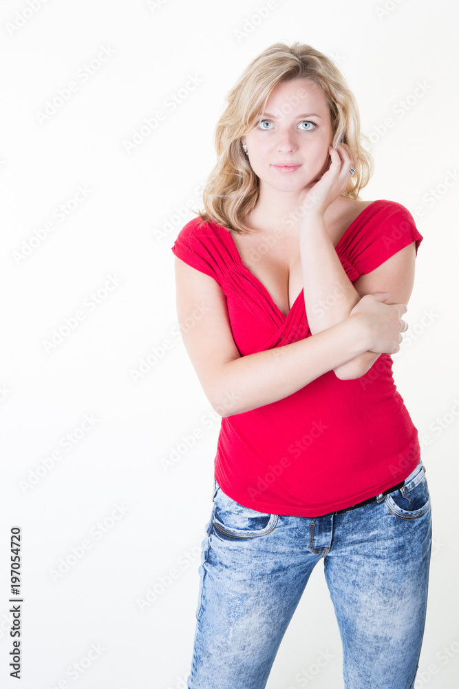 young smiling female standing with folded hands over white background young smiling female standing with folded hands over white background