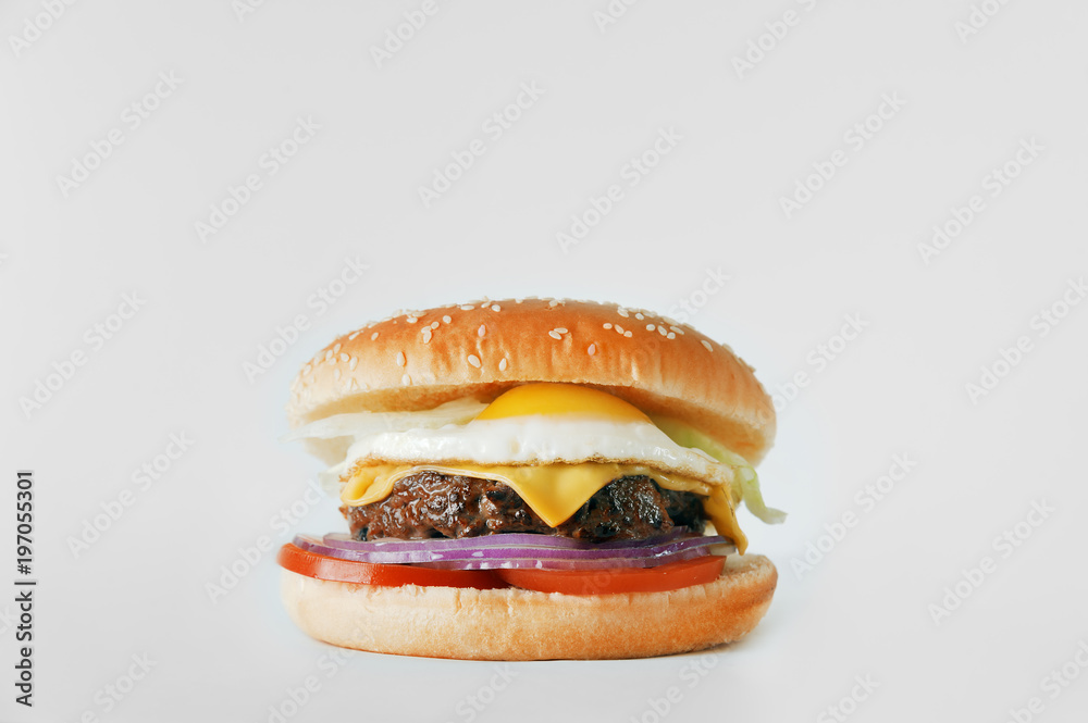 Chicken burger with egg and cheese on a white background isolated Chicken burger with egg and cheese on a white background isolated