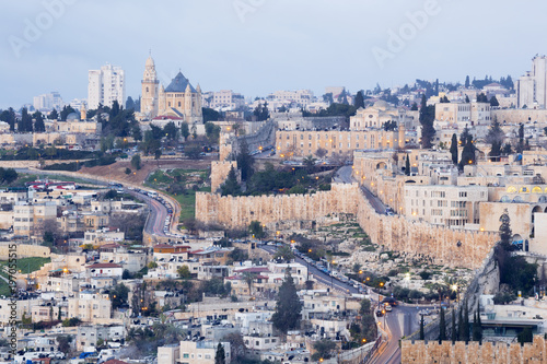 Canvas Print Jerusalem - Outlook from Mount of Olives to Dormition abbey and south part of town walls in morning dusk