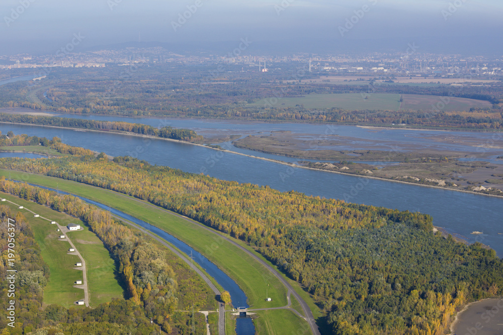 The Danube river under Bratislava from the airplane - Slovakia