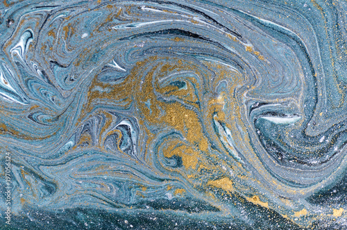 Marble abstract acrylic background. Nature blue marbling artwork texture. Golden glitter. © anya babii