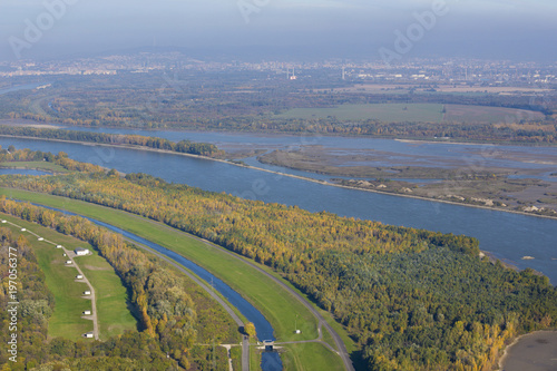 The Danube river under Bratislava from the airplane - Slovakia