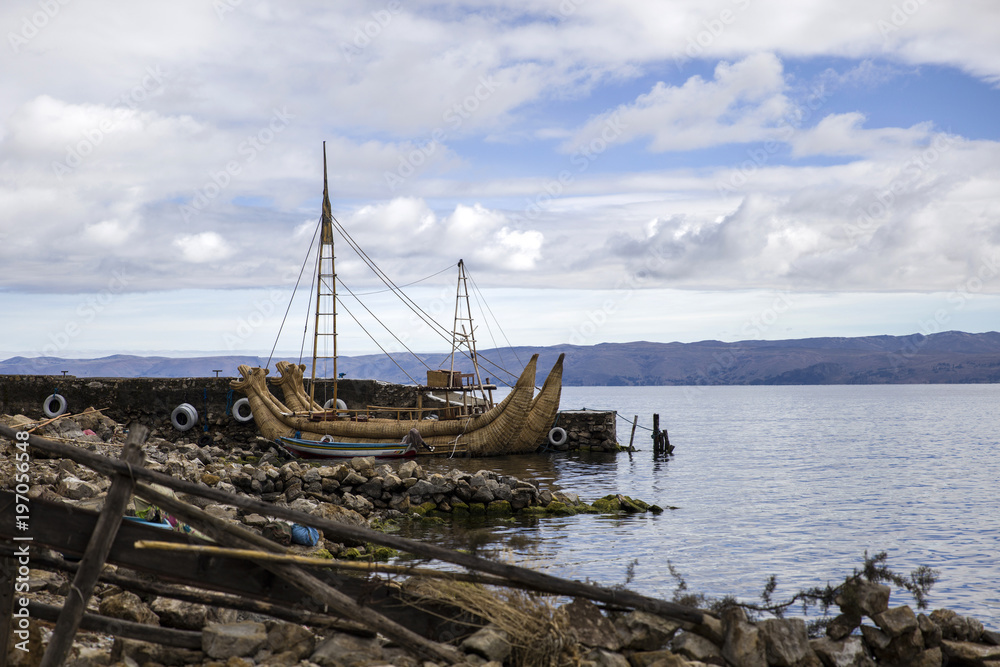 Traditional totora reed boat at Isla del Sol on Titicaca lake