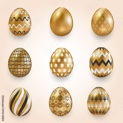 Gold eggs set with geometric pattern, abstract black and white paint ornament. Vector illustration. Happy Easter symbols. Dots, hearts, stripes and flower patterns