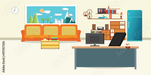 living room and office interior flat design relax with orange sofa and Computer table - chair bookshelf refrigerator window sky cloud landscape in wall color cream background. vector illustration